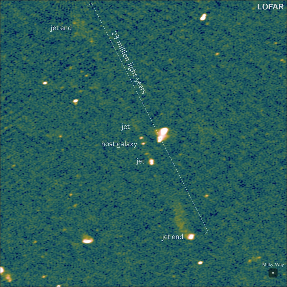 This image, taken by Europe's LOFAR (LOw Frequency ARray) telescope, shows the longest known black hole jets. Named Porphyrion after the Greek giant by co-discoverer Aivin Gast of the University of Oxford, the jet system spans 23 million light-years, the equivalent of 140 Milky Way galaxies. Way lined up to go back. A galaxy with a supermassive black hole, 7.5 billion light-years away, is the dot in the center of the image. The largest blob-like structure near the center is a small detached jet system. Credit: LOFAR Collaboration / Martijn Oei (Caltech)