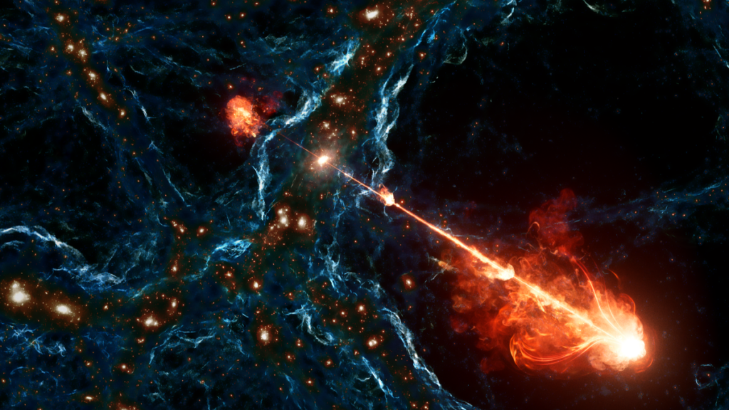 An artist's illustration of Porphyrion shows the gigantic jet stretching across the tendrils of the cosmic web.